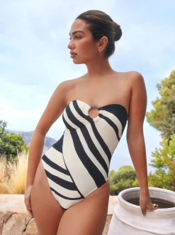 Crème/noir à rayures - Maillot de bain bandeau à contrôle du ventre