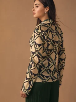 Crème/Vert imprimé géométrique - Chemise à col en V en Blend Lyocell