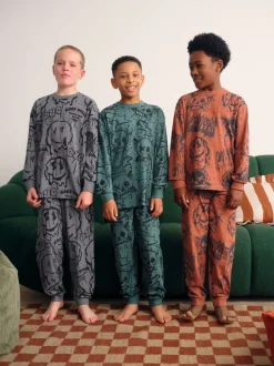 Crâne graffiti vert/orange - Lot de 3 pyjamas à manches longues (3-16ans)