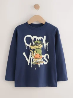 Crocodile bleu marine - T-shirt graphique décontracté en coton à manches longues (3-16ans)