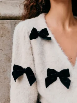écru - Cardigan à nœud en velours tricoté avec laine