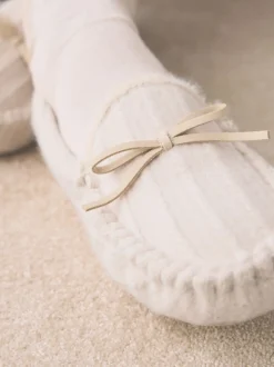 écru - Chaussons mocassins en maille Torsade