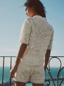 écru - Chemise à manches courtes au crochet