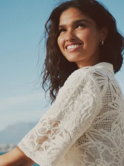 écru - Chemise à manches courtes au crochet