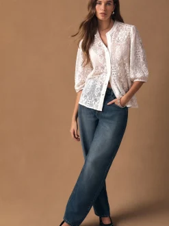 écru - Chemisier à manches mi-longues en dentelle