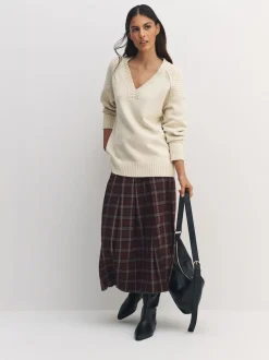 écru - Pull long à col en V en coton et laine mélangés