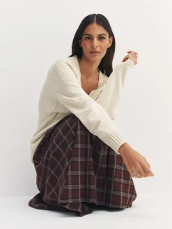 écru - Pull long à col en V en coton et laine mélangés