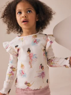 écru - T-shirt côtelé à manches longues et volants (3mois7ans)