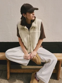 écru - Veste zippée en velours côtelé en mélange de borg