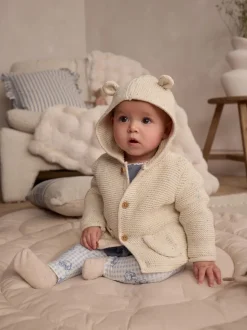 Écru moucheté - Bébé à capuche en tricot Cardigan