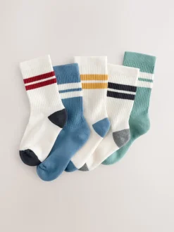 Écru/Bleu/Minéral - Cushioned Semelle intérieure Cotton Rich Ribbed Tipped Chaussettes 5 Lot