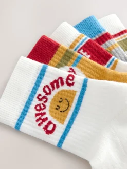 Écru/Moutarde/Rouge Slogan rétro - Lot 5 paires de chaussettes Character riches en coton