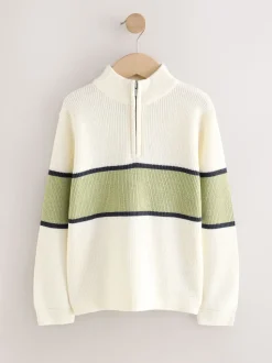 Écru/vert - Pull colorblock en maille à col zippé (3-16ans)