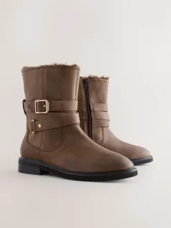 Cuir huilé marron châtaigne - Bottines Forever Comfort® à boucle doublées de peau de mouton