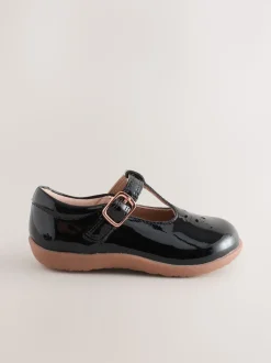 Cuir noir verni - Chaussures premiers pas avec barre en T à fermeture par contact