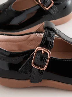 Cuir noir verni - Chaussures premiers pas avec barre en T à fermeture par contact
