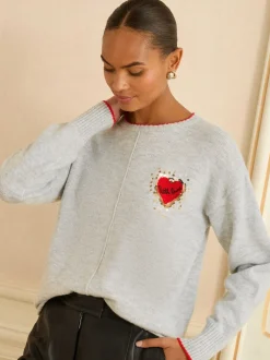 Cœur d’amour rouge à sequins gris - Love & Roses pull en maille confortable