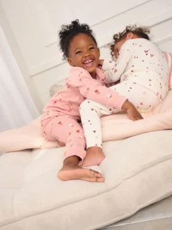 Cœurs écru/rose - Lot de 2 pyjamas gaufrés (9mois à12ans)