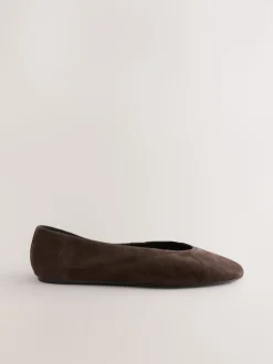 Daim marron chocolat - Ballerines bout rond en cuir