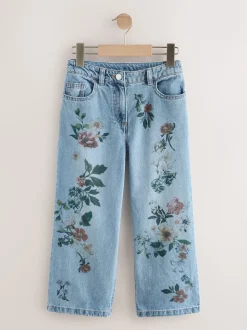 Denim Bleu Fleuri Imprimé mi-haut - Jeans à jambe large (3-16ans)