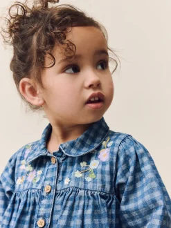 Denim Carreaux brodé - Robe à col à manches longues (3mths-8yrs)