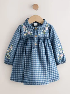 Denim Carreaux brodé - Robe à col à manches longues (3mths-8yrs)