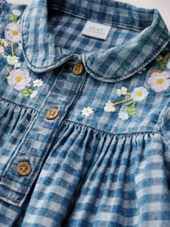 Denim Carreaux brodé - Robe à col à manches longues (3mths-8yrs)