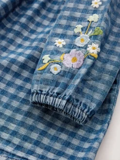Denim Carreaux brodé - Robe à col à manches longues (3mths-8yrs)