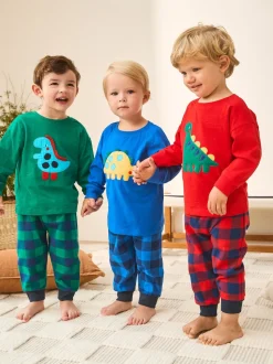 Dinosaure à carreaux rouge/bleu/vert - Lot de 3 pantalons de pyjama tissés à carreaux (9mois-12ans)