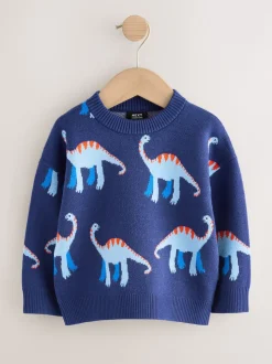 Dinosaure bleu - Pull col rond en maille (3mois-7ans)