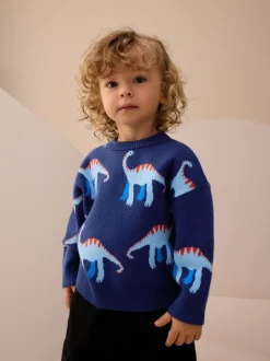 Dinosaure bleu - Pull col rond en maille (3mois-7ans)