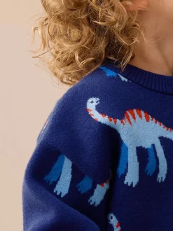 Dinosaure bleu - Pull col rond en maille (3mois-7ans)