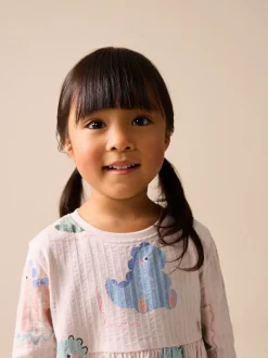 Dinosaure crème - Robe à manches longues en jersey (3mths-7yrs)