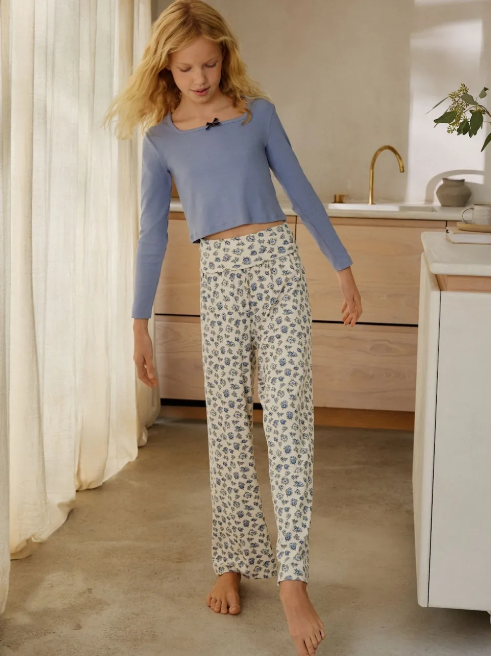 Ditsy bleu - Pyjama à taille pliée douce (3-16ans)