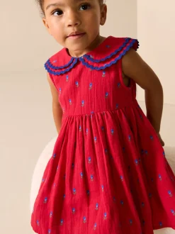 Ditsy rouge - Robe Ric Rac à col (3mois8ans)
