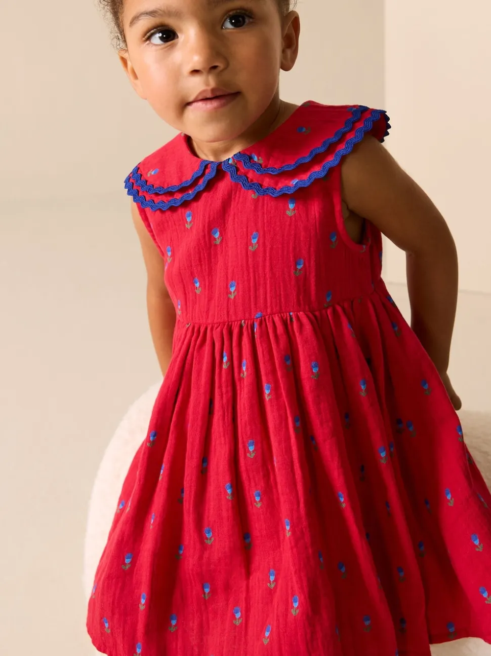Ditsy rouge - Robe Ric Rac à col (3mois8ans)