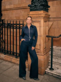 Délavage bleu - Combinaison en Denim ceinturée à Jambe large