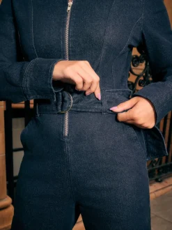 Délavage bleu - Combinaison en Denim ceinturée à Jambe large