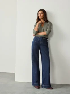 Délavage bleu - N Premium Jean Ample Extensible à poche haute avec poche plaquée