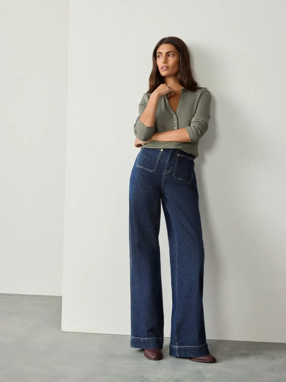 Délavage bleu - N Premium Jean Ample Extensible à poche haute avec poche plaquée