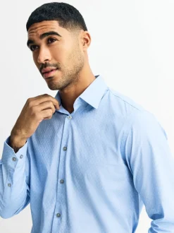 Dobby bleu - Chemise habillée à manches longues en coton extensible