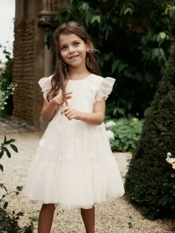 Ecru Blanc 3D Fleur - Robe de fleur en maille (3-16ans)