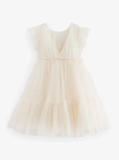 Ecru Blanc 3D Fleur - Robe de fleur en maille (3-16ans)