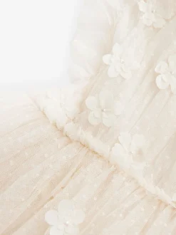 Ecru Blanc 3D Fleur - Robe de fleur en maille (3-16ans)
