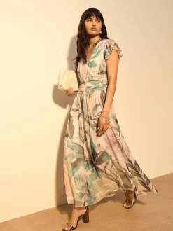 Ecru Floral - Robe longue Grande occasion à col en V Imprimé en maille Plissé