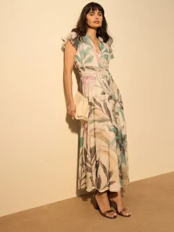 Ecru Floral - Robe longue Grande occasion à col en V Imprimé en maille Plissé