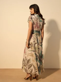 Ecru Floral - Robe longue Grande occasion à col en V Imprimé en maille Plissé