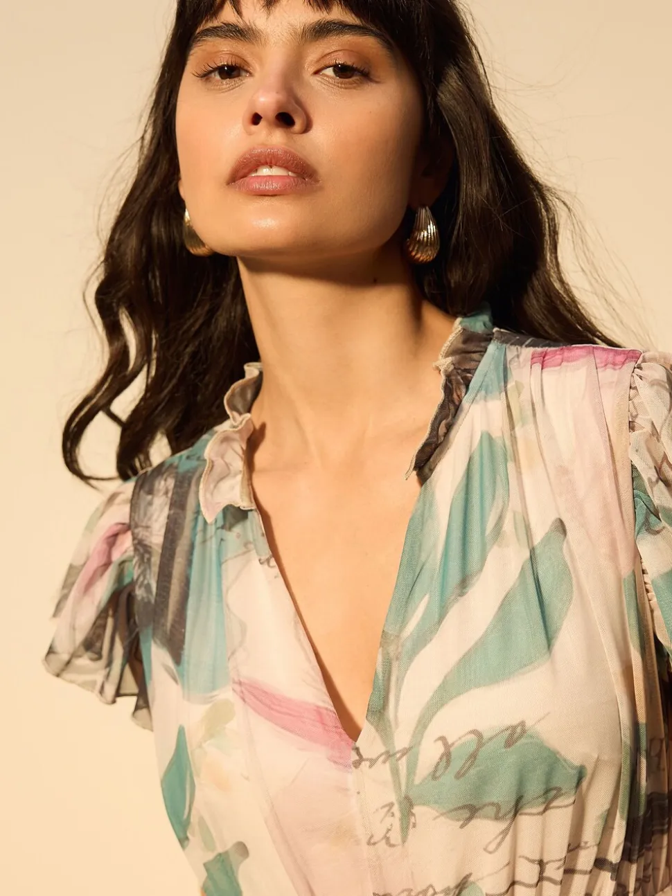 Ecru Floral - Robe longue Grande occasion à col en V Imprimé en maille Plissé