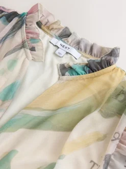 Ecru Floral - Robe longue Grande occasion à col en V Imprimé en maille Plissé