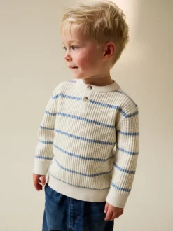 Ecru/Bleu - Pull Henley à rayures (3mois-7ans)
